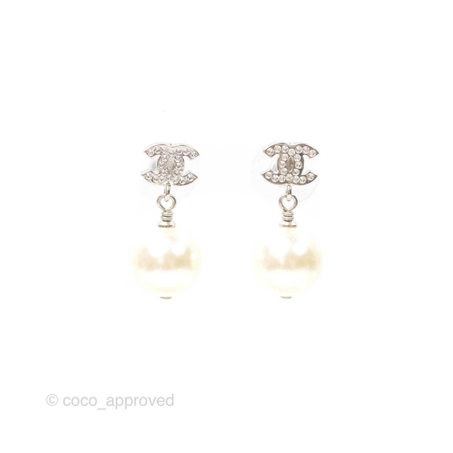 Chanel CC Rhinestone Pearl Drop Earrings Silver Tone