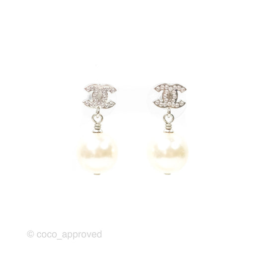 Chanel CC Rhinestone Pearl Drop Earrings Silver Tone