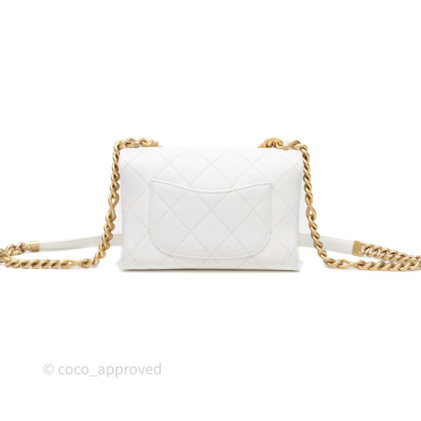 Chanel Bracelet On Chain Small Flap Bag White Caviar Aged Gold Hardware