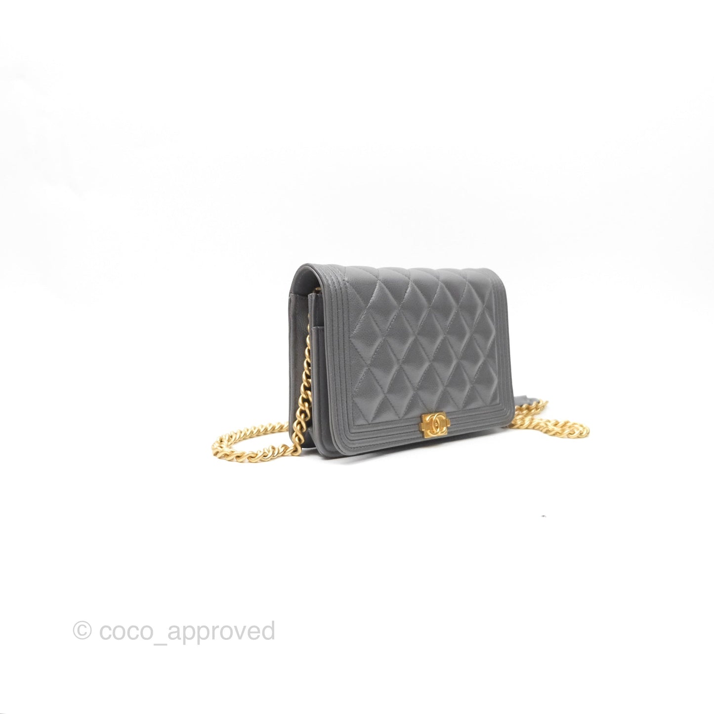 Chanel Quilted Boy Wallet on Chain WOC Grey Caviar Aged Gold Hardware