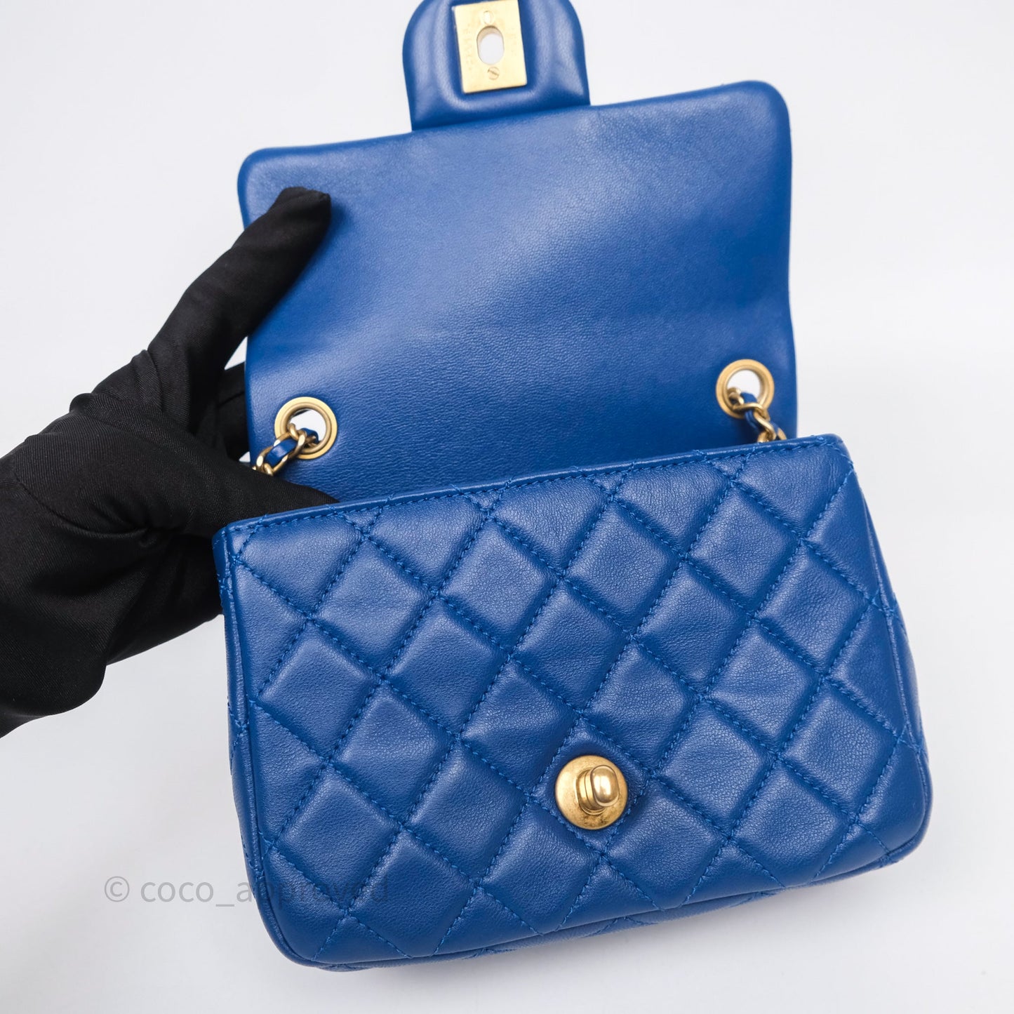 Chanel Pearl Crush Mini Square Quilted Blue Lambskin Aged Gold Hardware