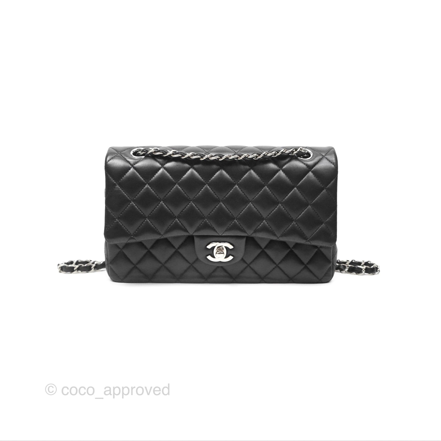Chanel Classic M/L Medium Flap Quilted Black Lambskin Silver Hardware