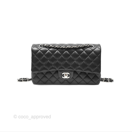 Chanel Classic M/L Medium Flap Quilted Black Lambskin Silver Hardware