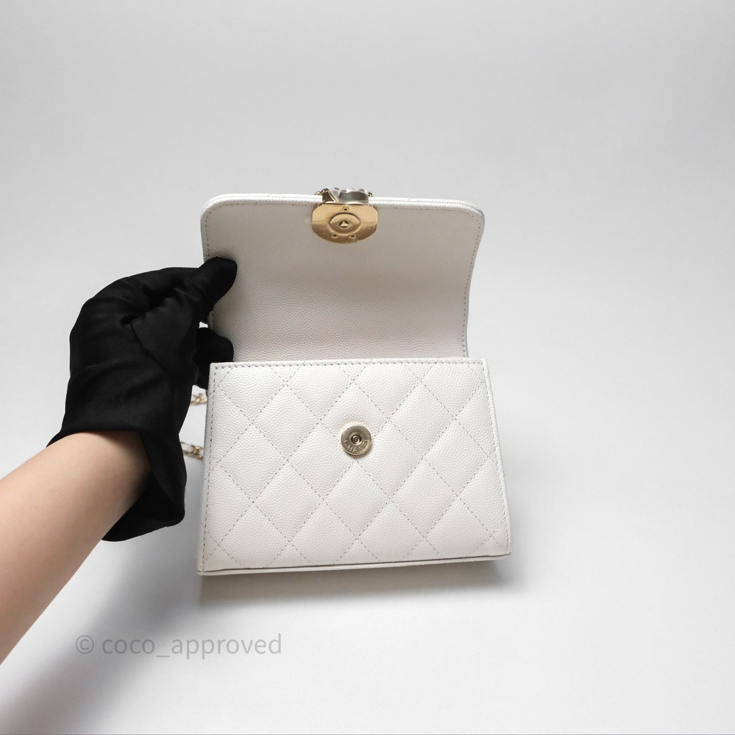 Chanel Small Top Handle Clutch with Chain White Caviar Light Gold Hardware 23P