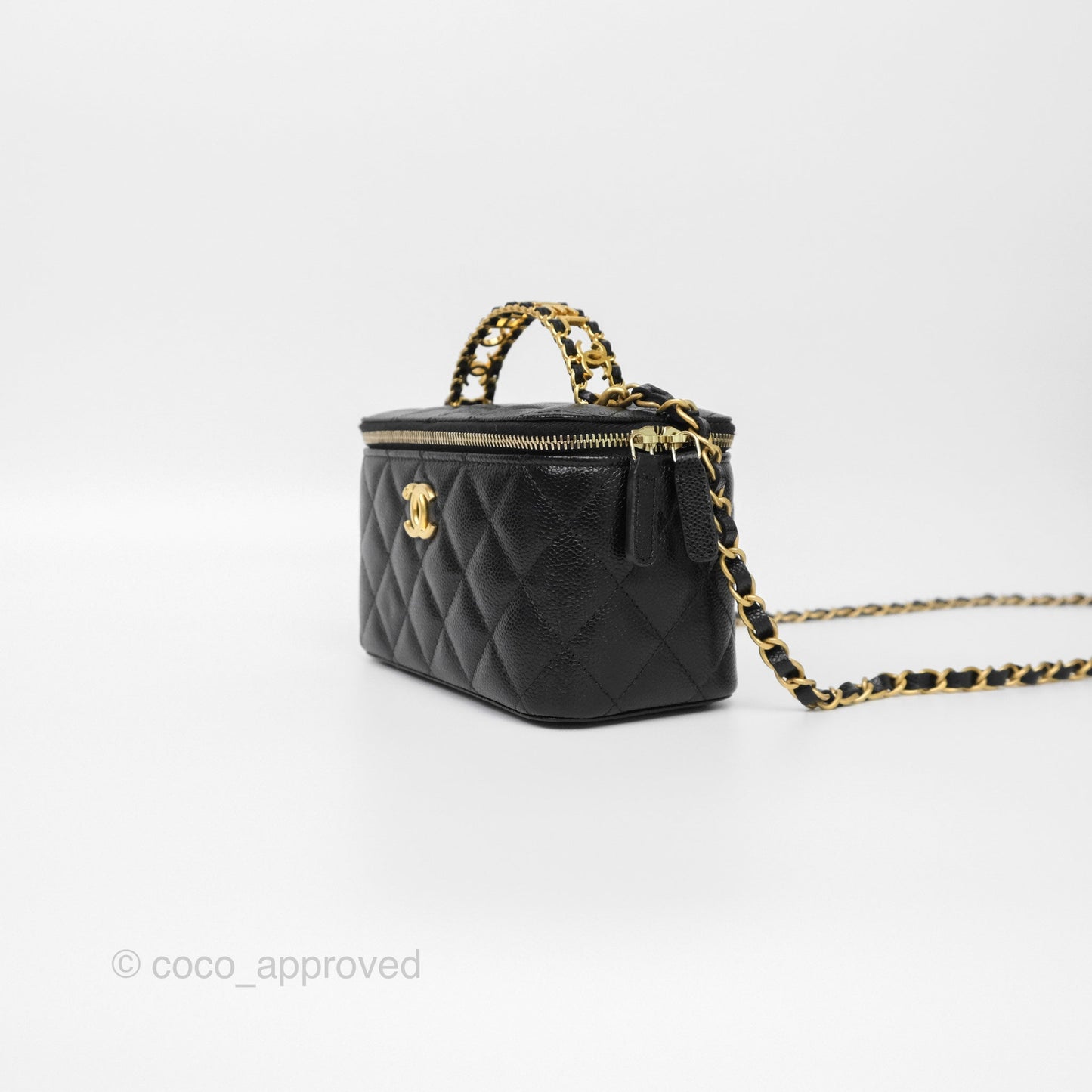 Chanel Logo Top Handle Vanity Rectangular Black Caviar Aged Gold Hardware