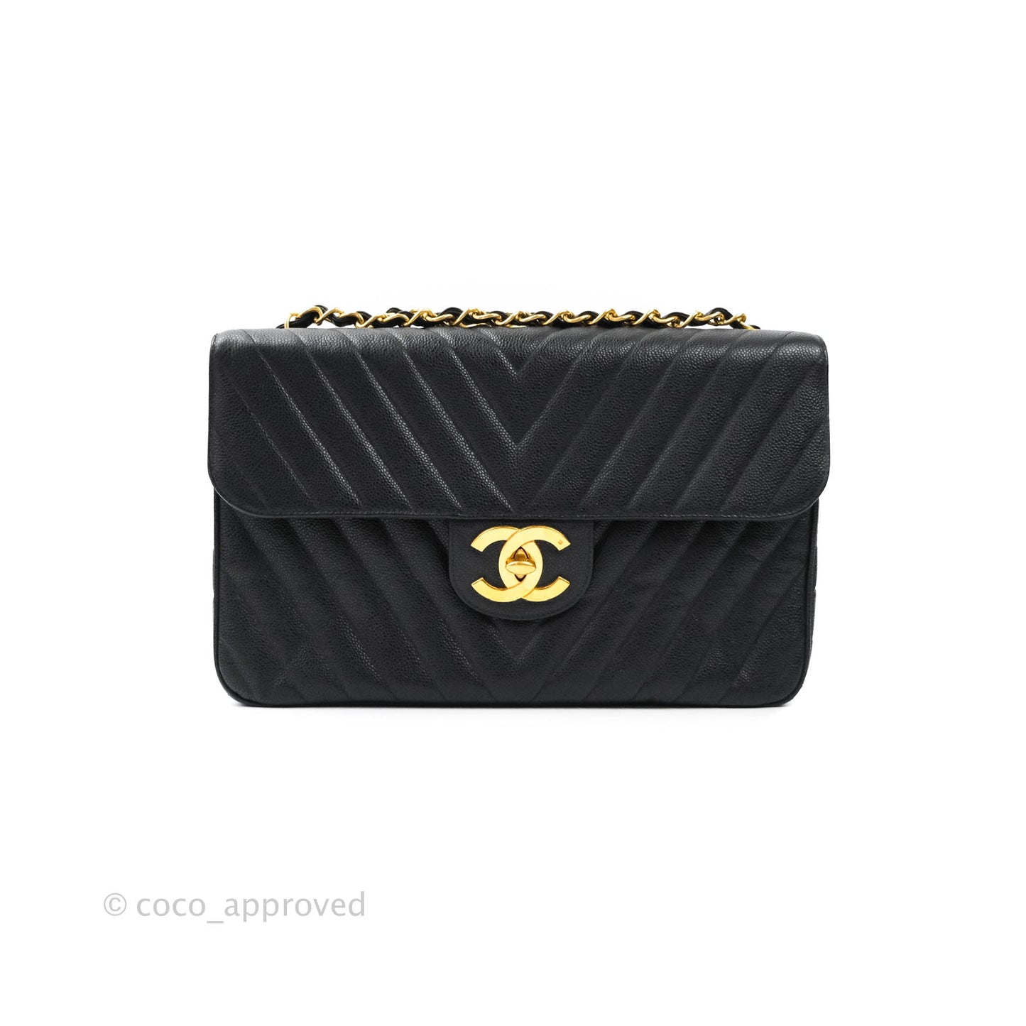 Chanel Vintage Chevron Maxi Classic Flap Black Caviar 24K Gold Hardware