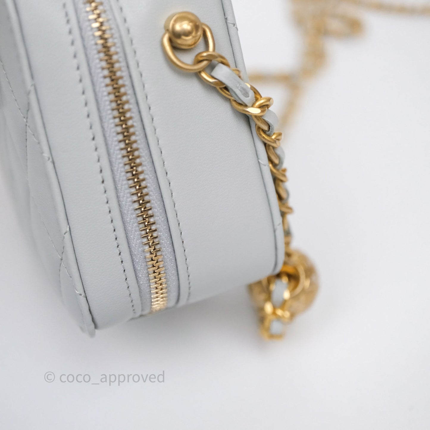 Chanel Quilted CC Pearl Crush Camera Case Light Blue Grey Lambskin Aged Gold Hardware
