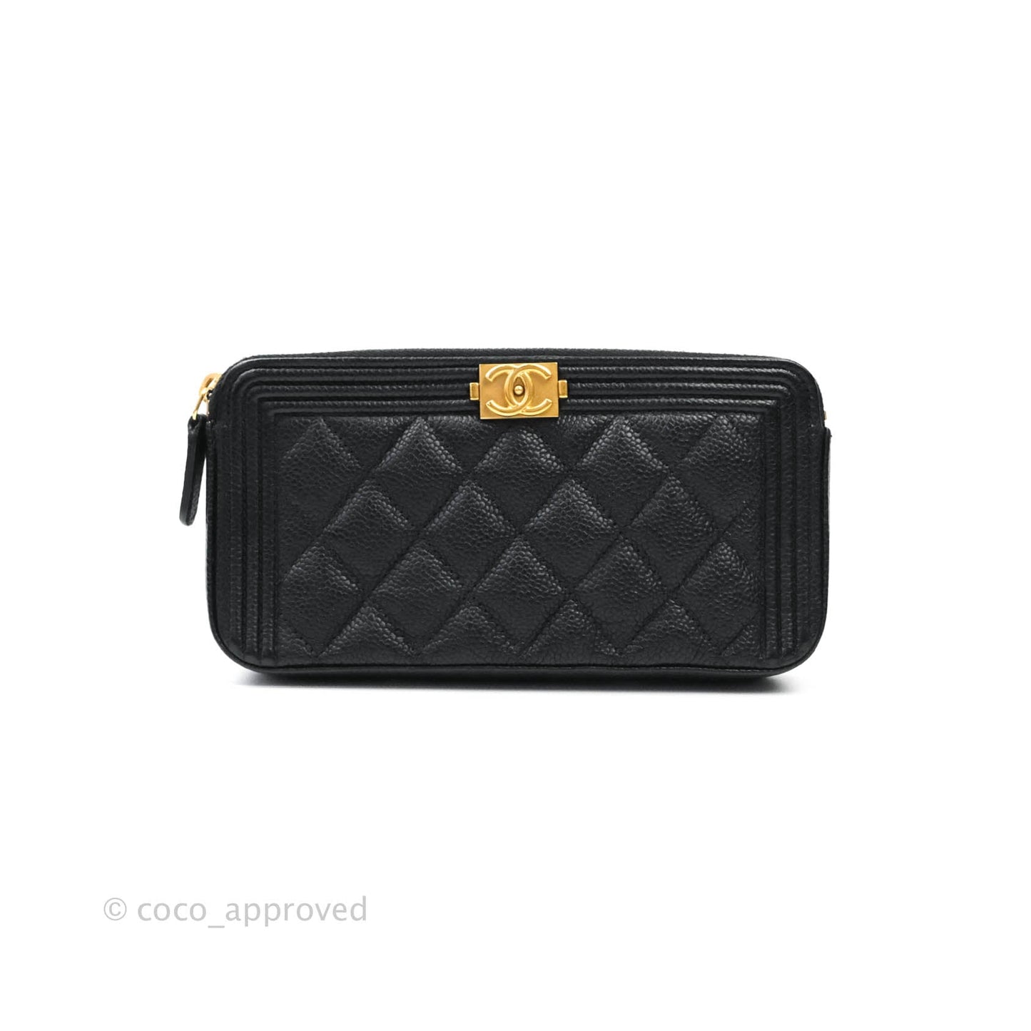 Chanel Le Boy Double Zip Wallet On Chain Caviar Black Aged Gold Hardware