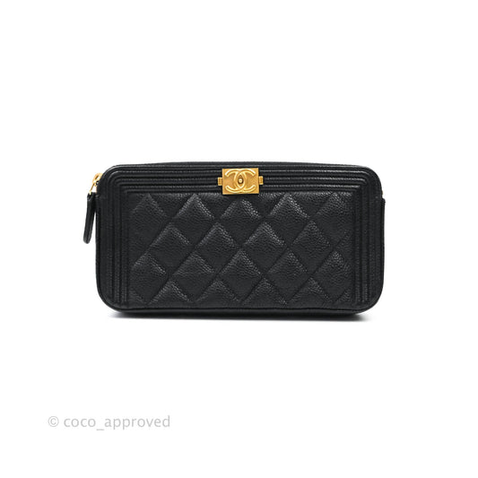 Chanel Le Boy Double Zip Wallet On Chain Caviar Black Aged Gold Hardware
