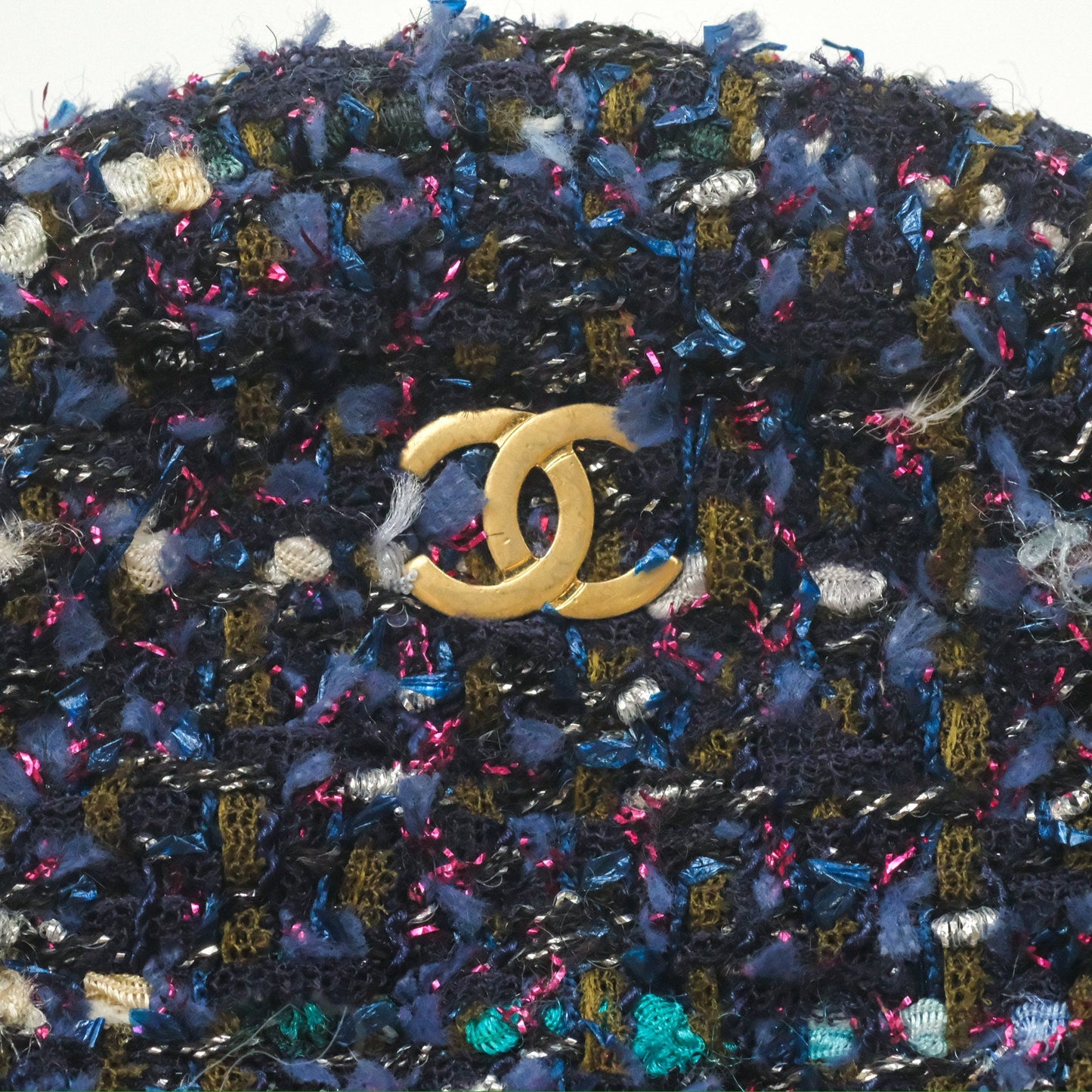 Chanel Classic Quilted Round Clutch With Chain Navy Tweed Gold Hardware