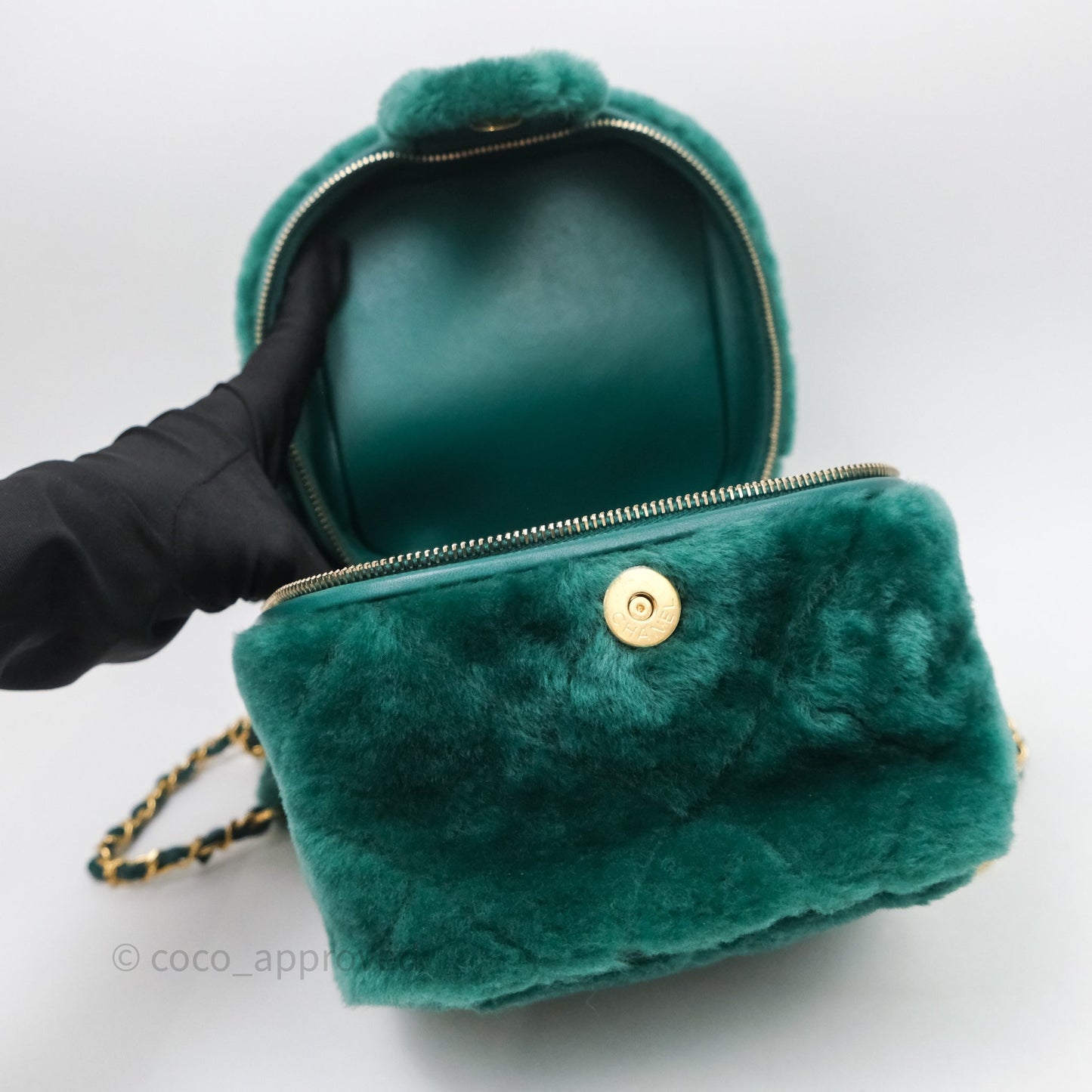Chanel Small Vanity Case Green Shearling Aged Gold Hardware 22A