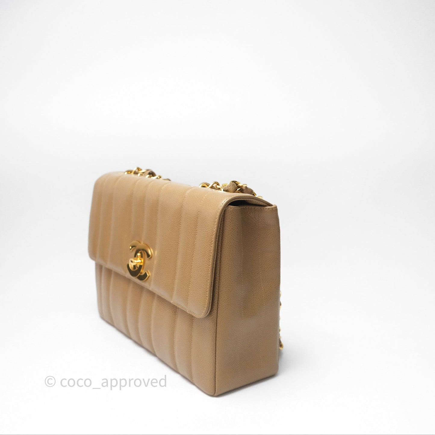 Chanel Vintage Vertical Quilted Jumbo Single Flap Beige Caviar 24K Gold Hardware