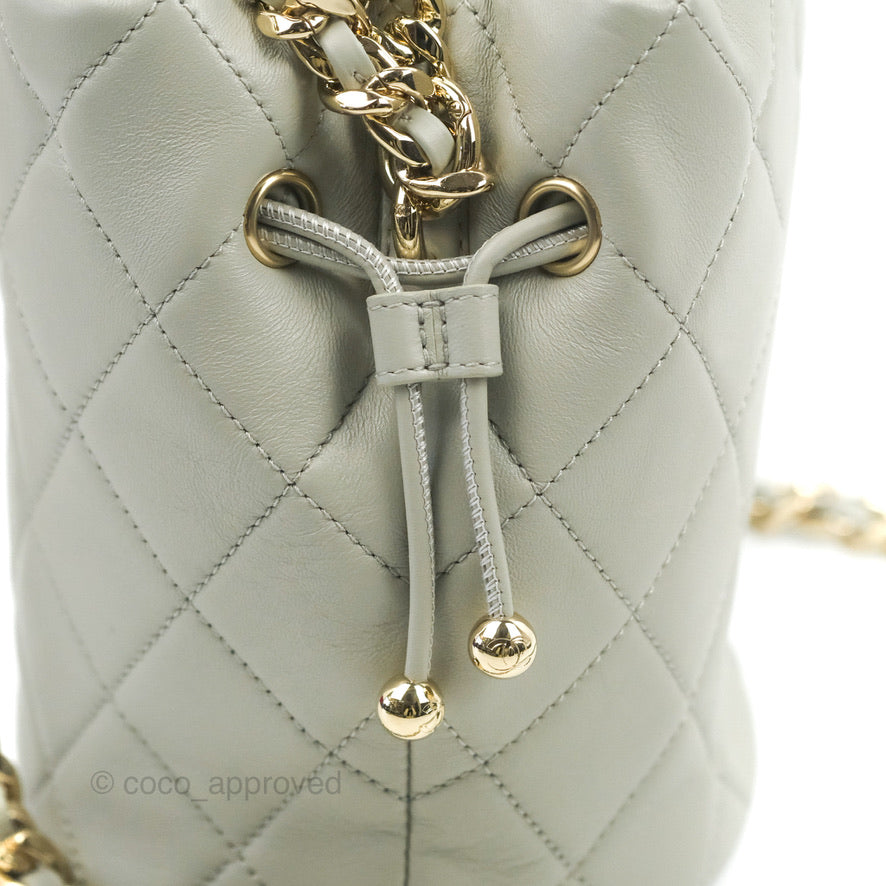 Chanel Quilted Drawstring Bucket Bag Grey Lambskin Gold Hardware 22C