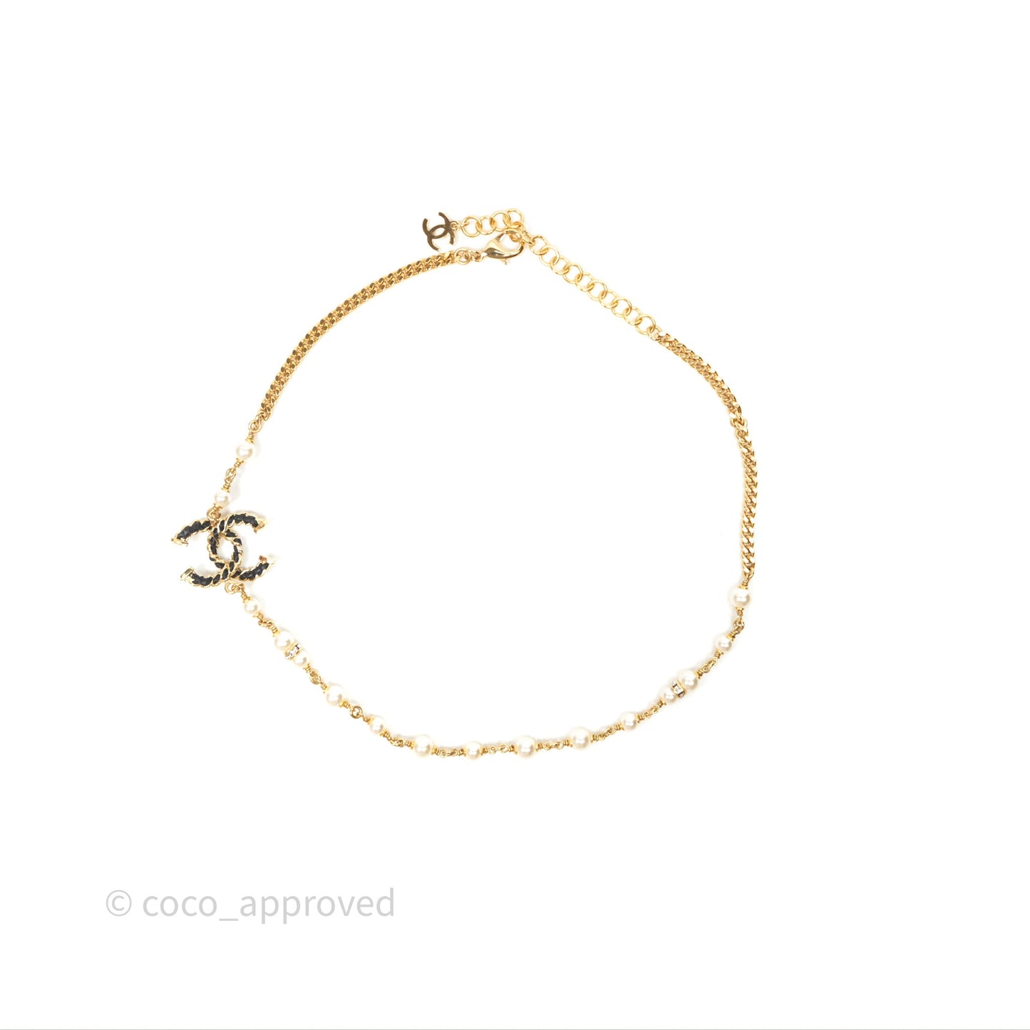 Chanel Black Leather CC Pearl Crystal Necklace Gold Tone 24K