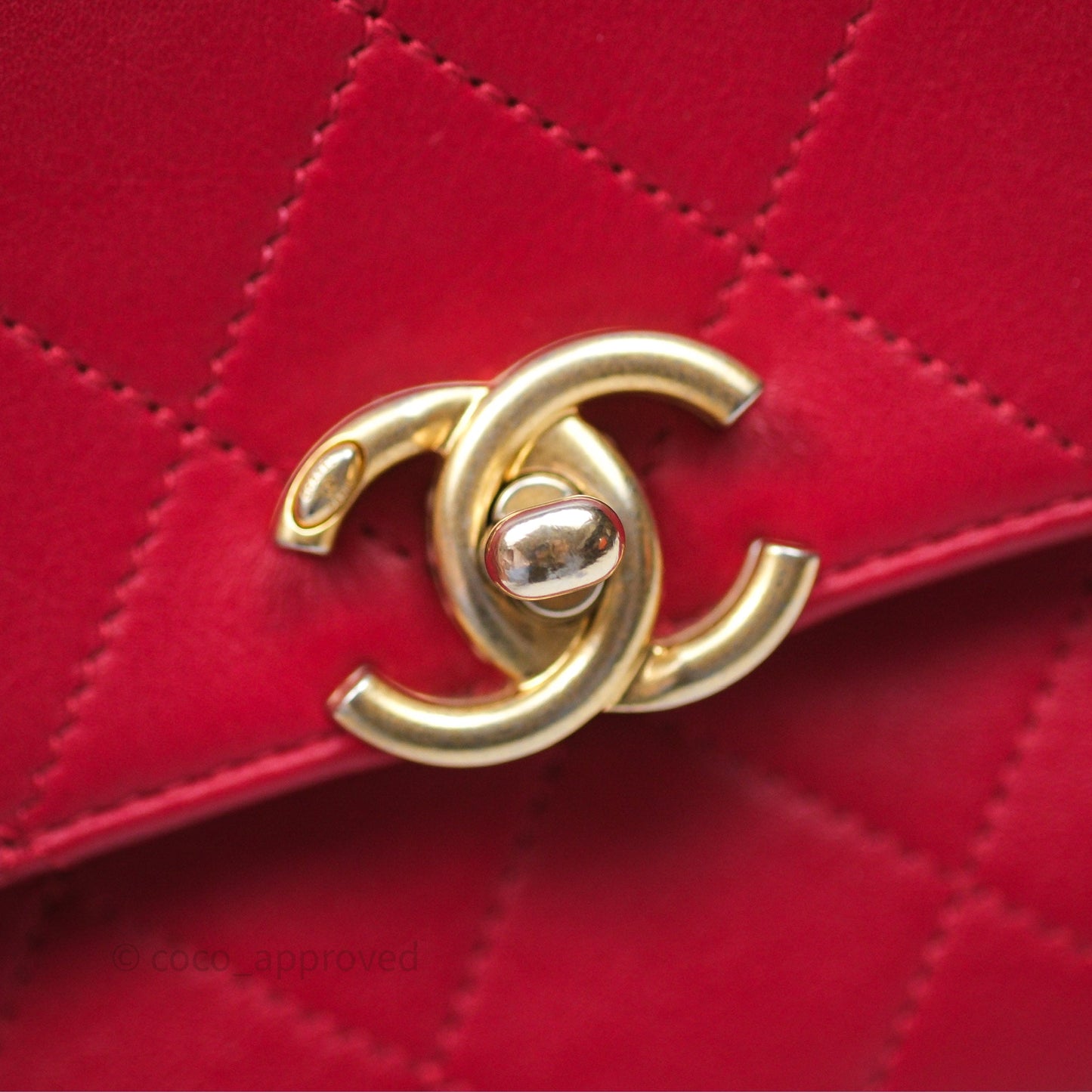Chanel Quilted Flap Bag  with Pearl Logo Top Handle Red Lambskin Aged Gold Hardware