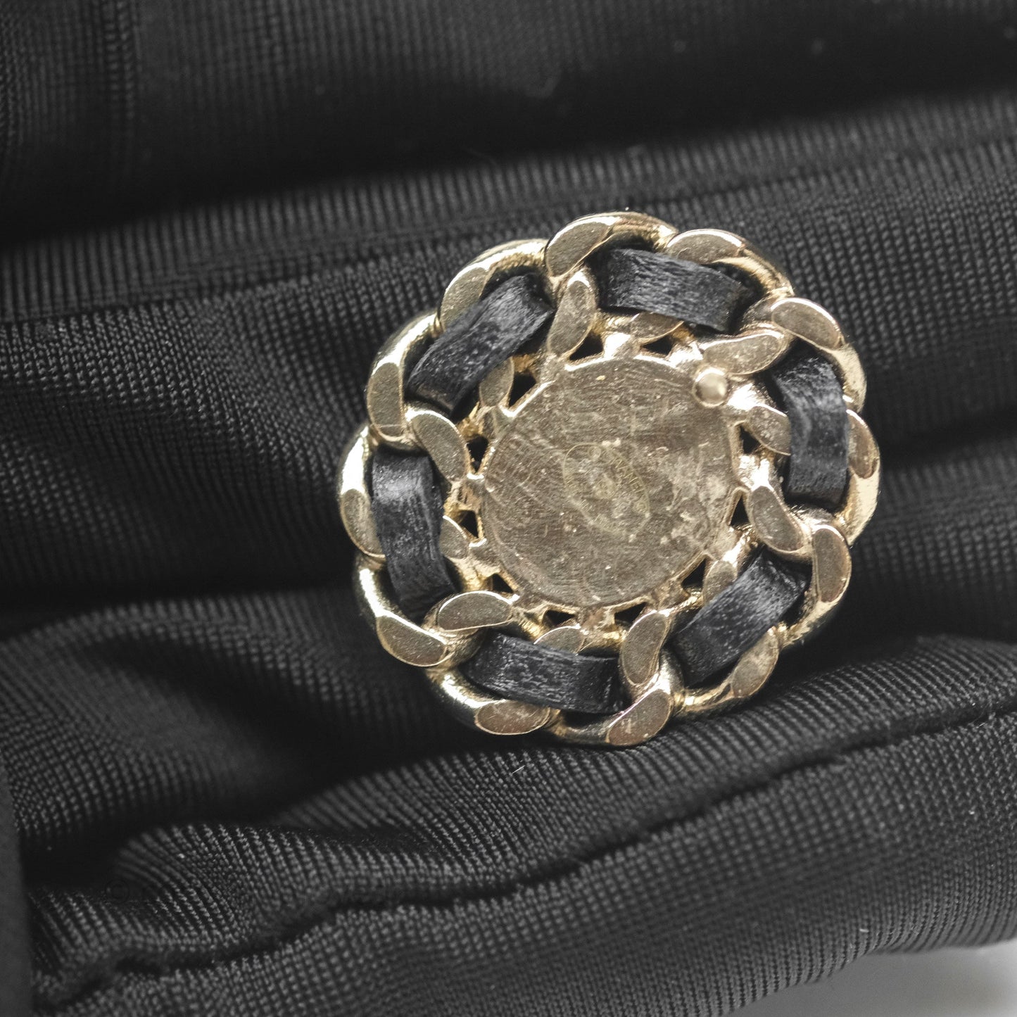 Chanel CC Black Leather Chain Round Earrings Aged Gold Tone 16B
