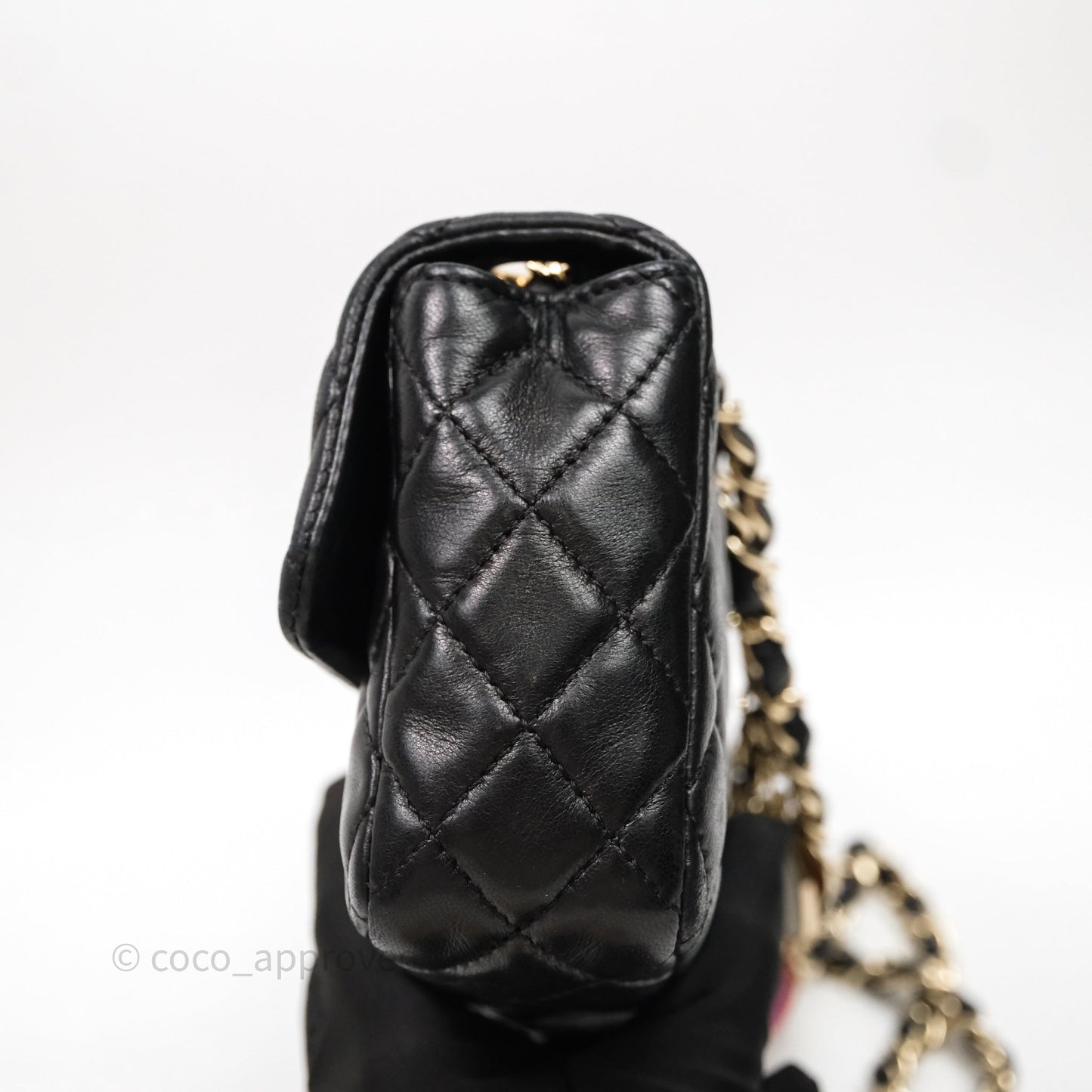 Chanel Quilted East West With Charm Flap Bag Lambskin Black Gold Hardware