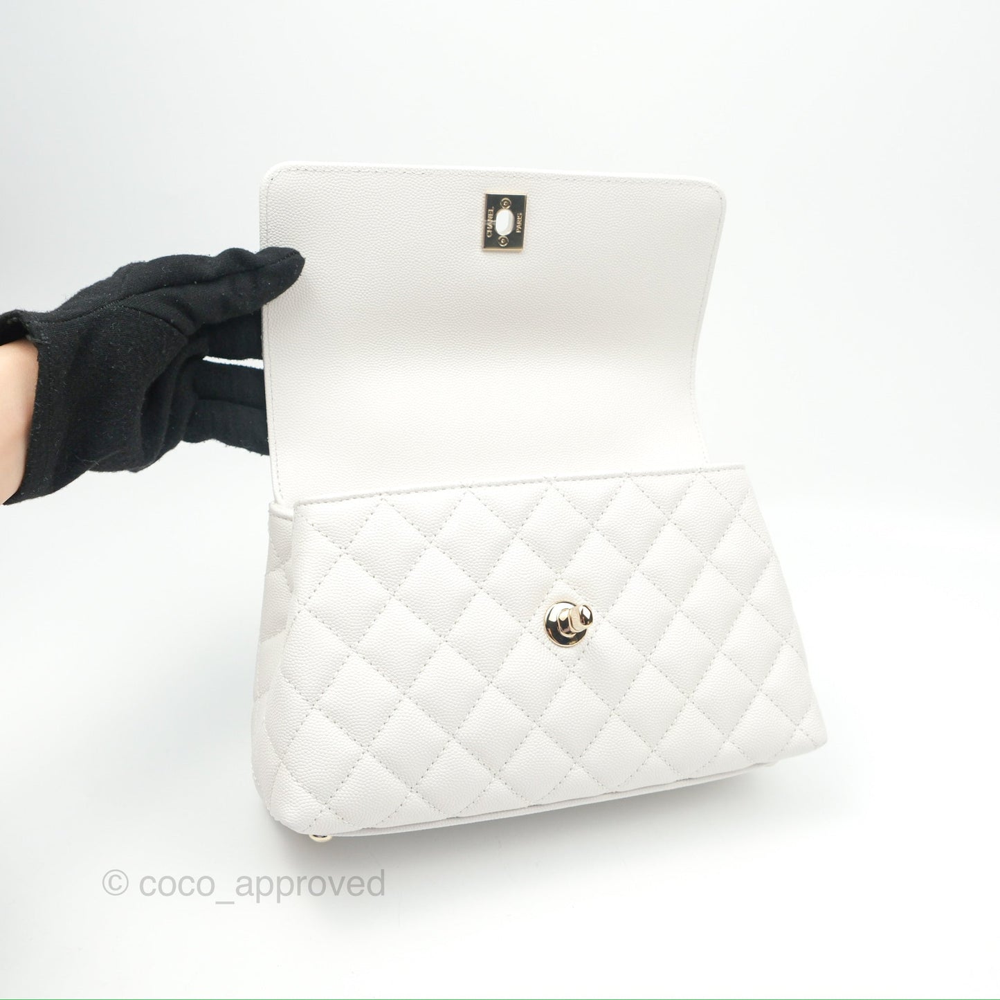 Chanel Small Quilted Coco Handle White Caviar Gold Hardware