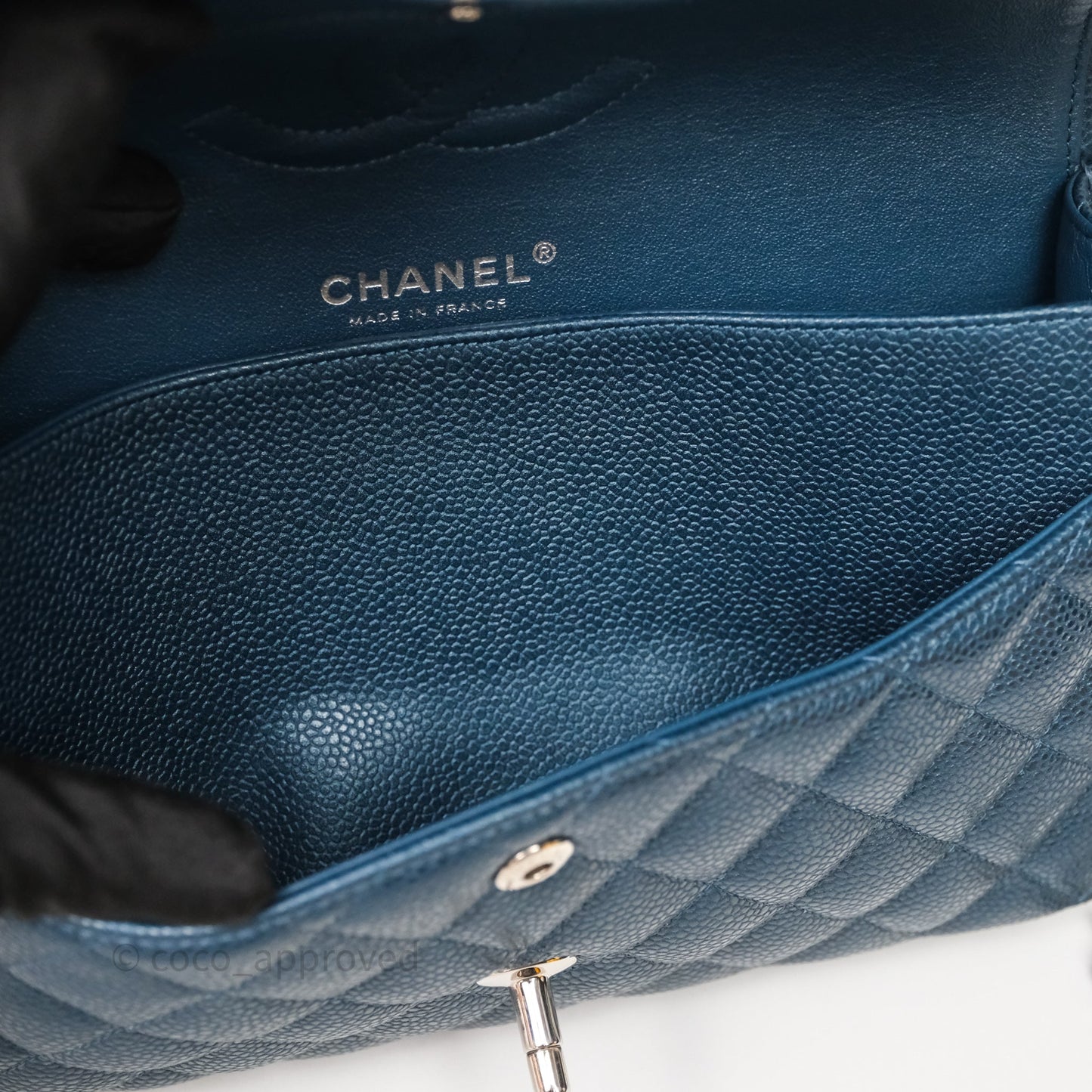 Chanel Classic Medium Flap Quilted Iridescent Teal Caviar Silver Hardware