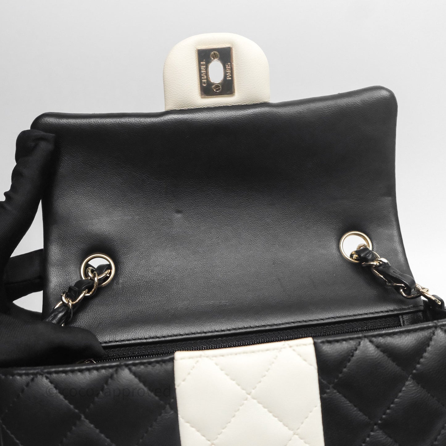 Chanel Mini Rectangular Flap Quilted Black White Lambskin Gold Hardware