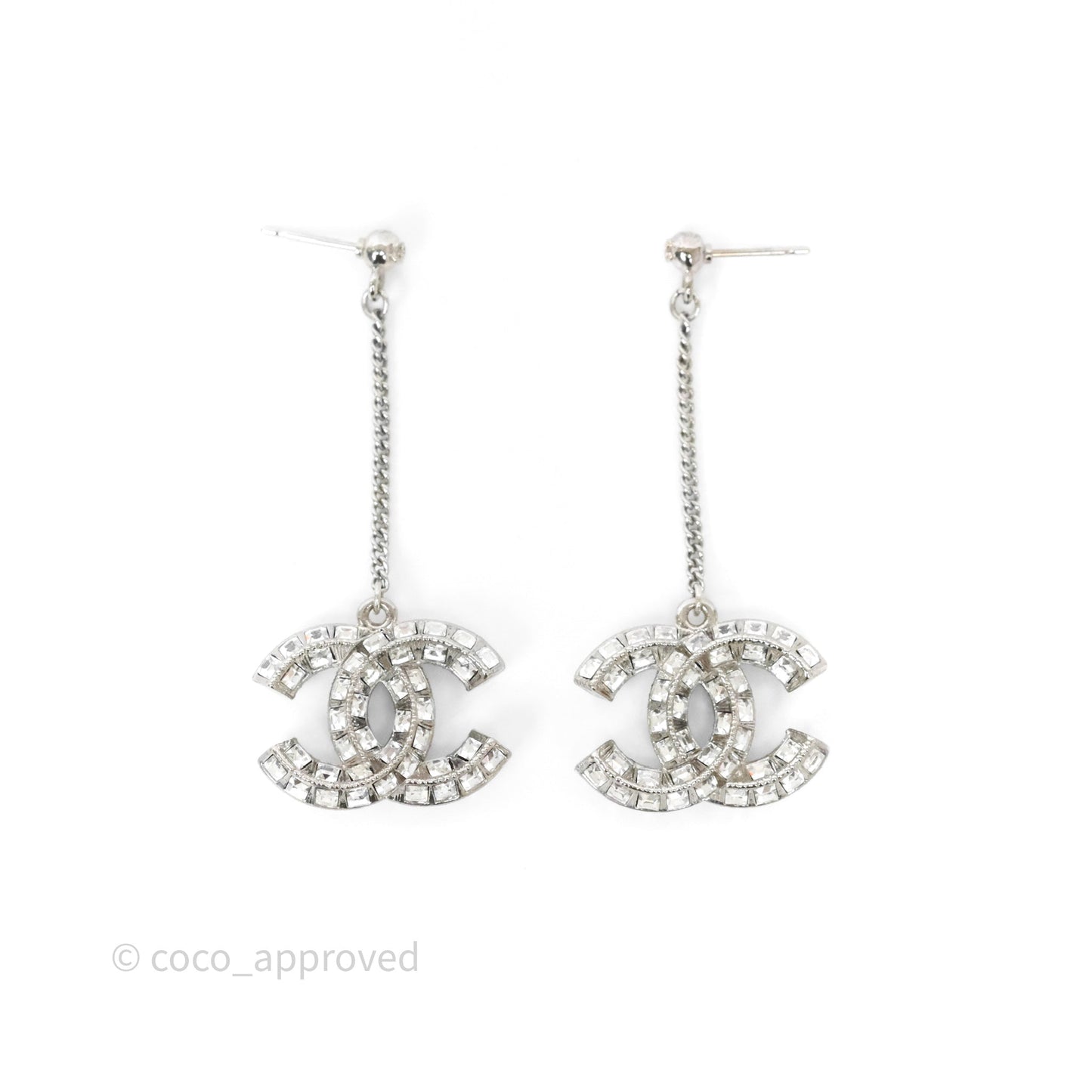 Chanel CC Crystal Long Drop Earrings Silver Tone 21V
