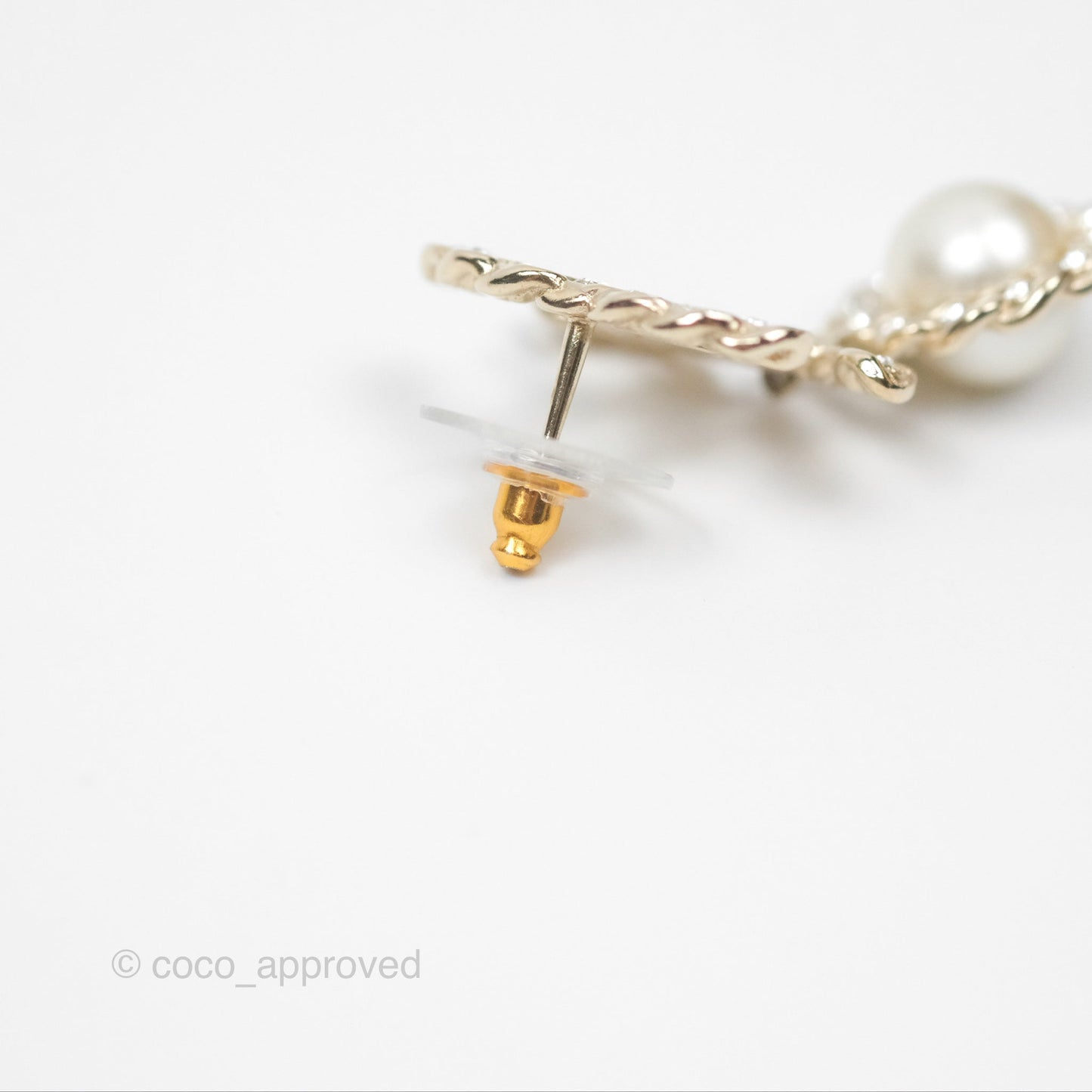 Chanel Crystal CC Pearl Drop Earrings Gold Tone 19P