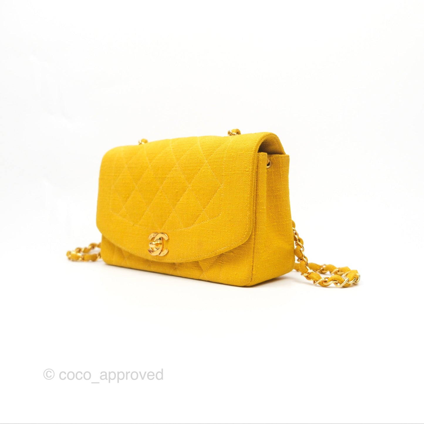Chanel Vintage Small Classic Diana Flap Bag Yellow Linen Fabric 24K Gold Hardware