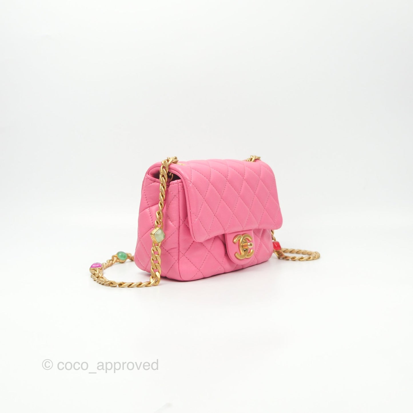 Chanel Mini Pearl Samba Square Flap Pink Lambskin Aged Gold Hardware 21P