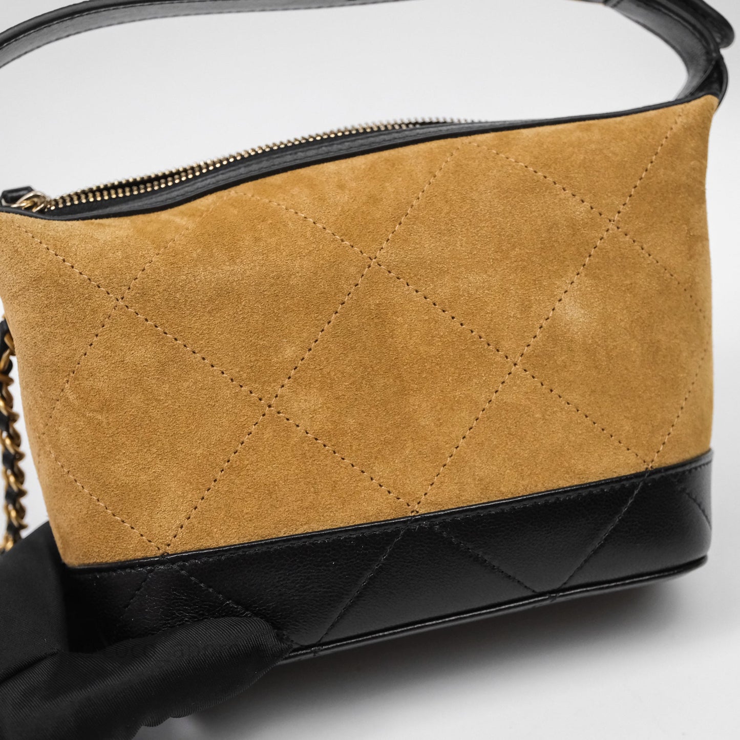 Chanel Hobo with Chain Brown Suede/ Black Calfskin Gold Hardware