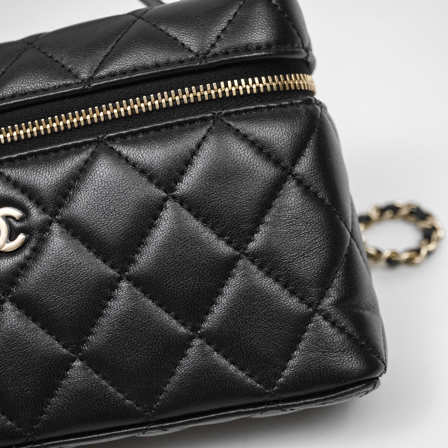 Chanel Top Handle Long Vanity with Chain Black Lambskin Gold Hardware
