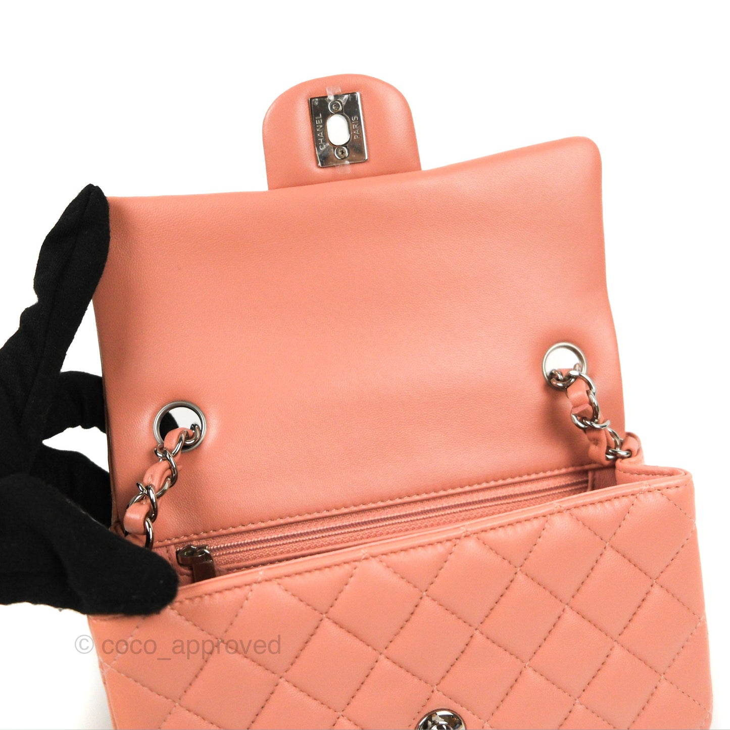 Chanel Quilted Mini Rectangular Flap Salmon Pink Lambskin Silver Hardware 21B