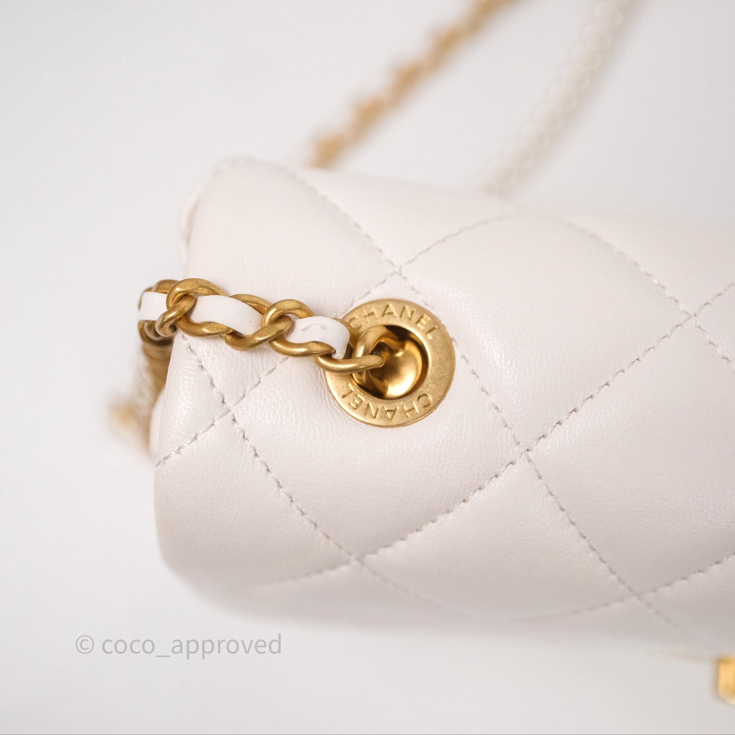 Chanel Flap Bag with Pearl Chain Ivory White Aged Gold Hardware 25P