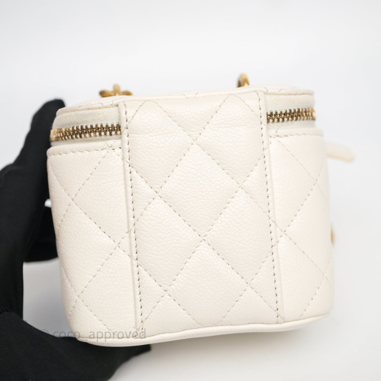Chanel Heart Crush Mini Vanity With Chain White Caviar Aged Gold Hardware