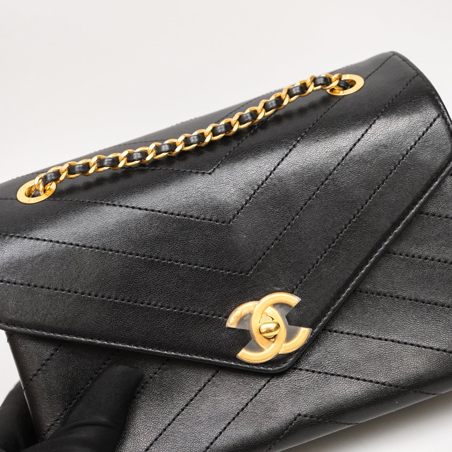 Chanel Chevron Flap Bag Black Calfskin Aged Gold Hardware