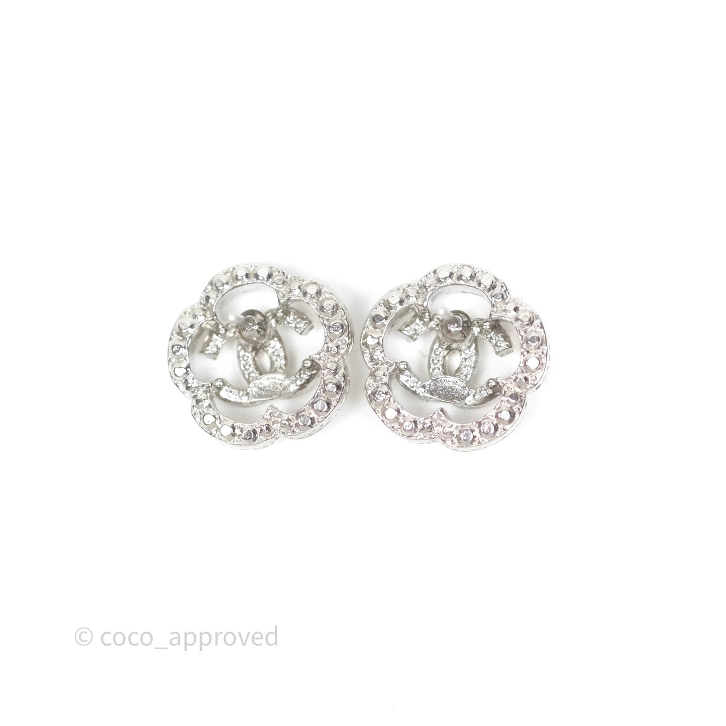 Chanel Crystal Flapper Camellia CC Earrings Silver Tone 20P