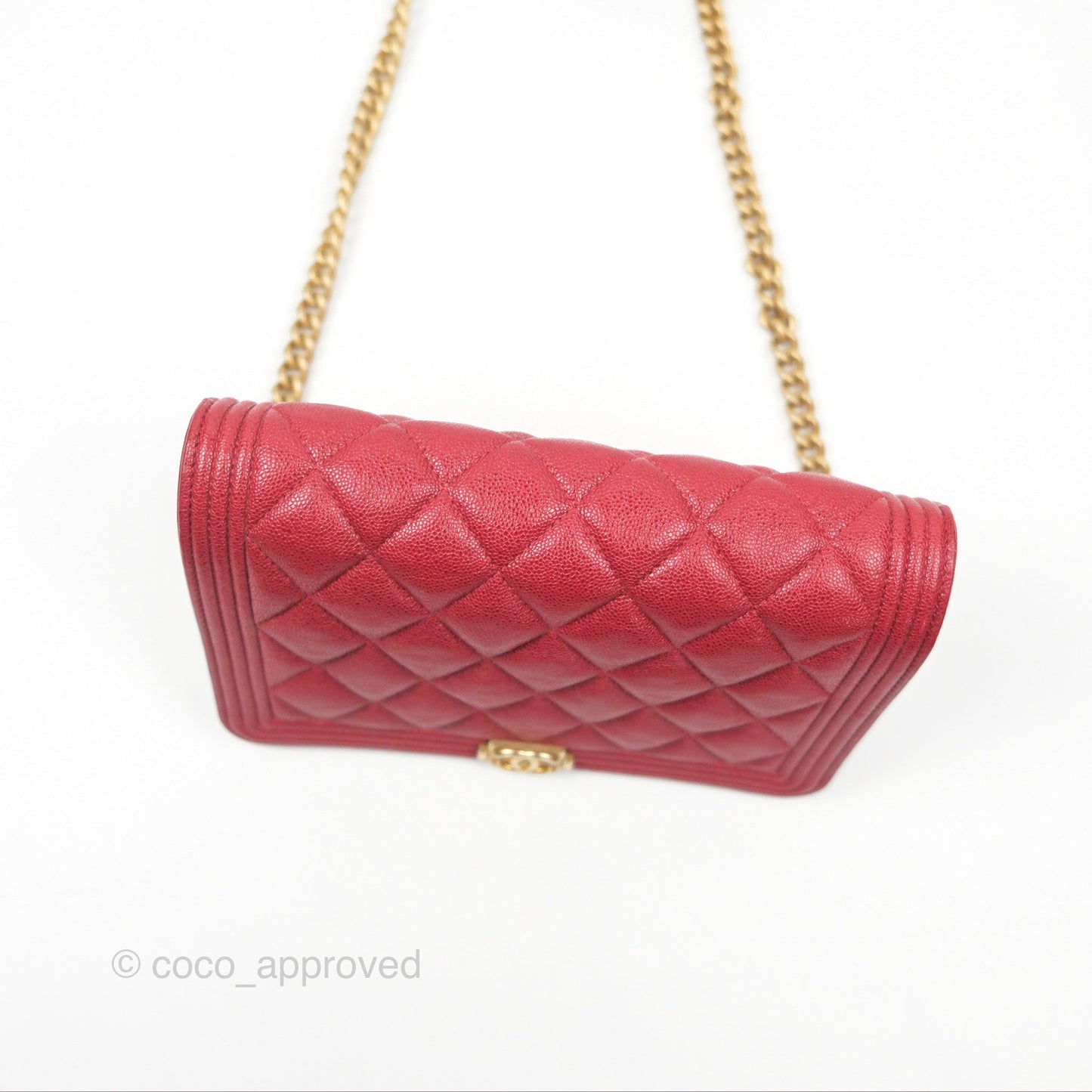Chanel Quilted Boy Wallet on Chain WOC Red Caviar Aged Gold Hardware