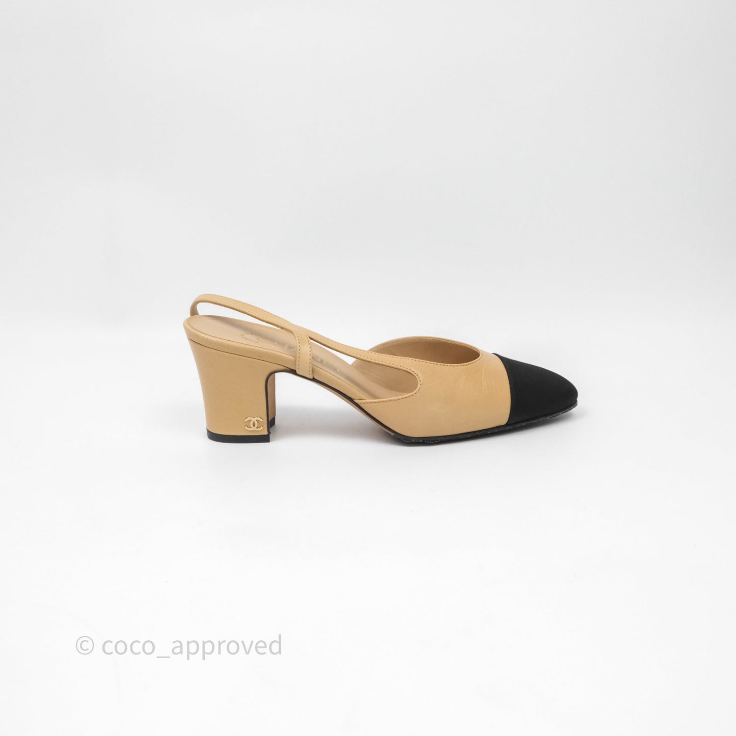 Chanel Classic Slingback Beige Black Leather Size 36