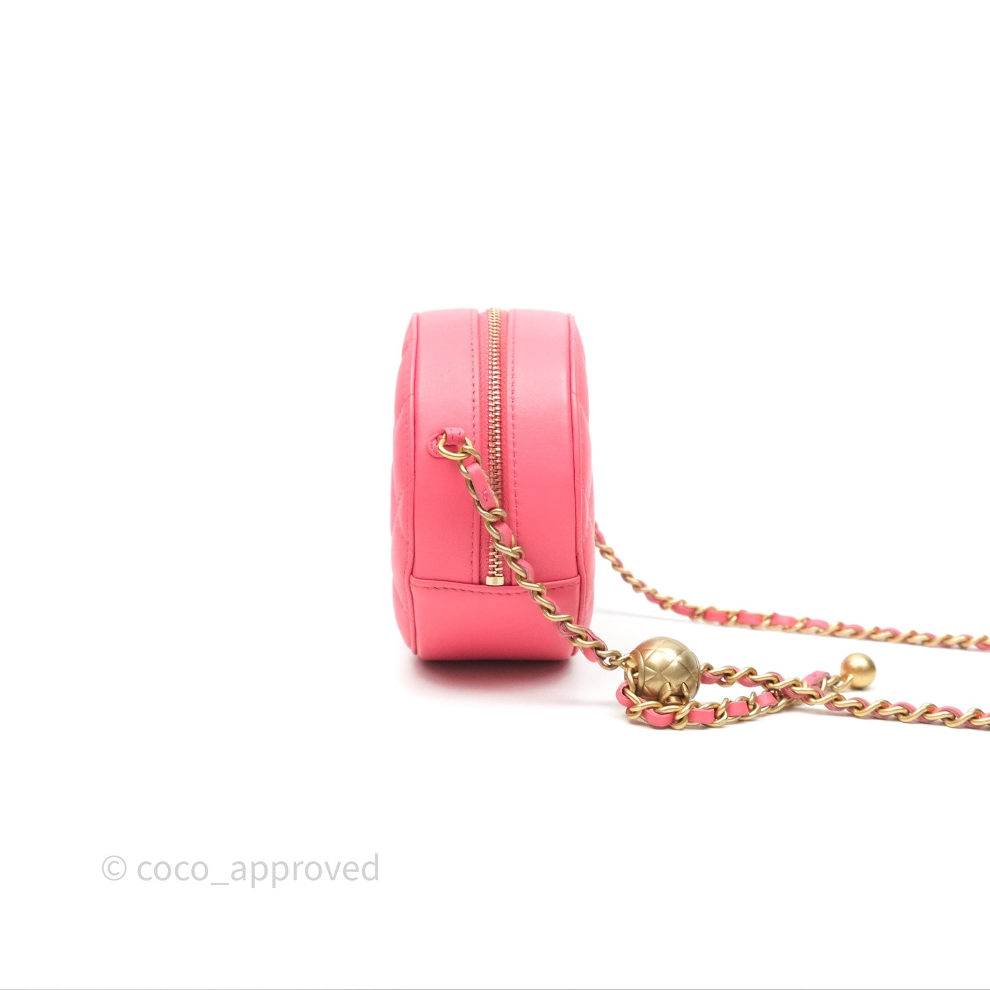 Chanel Quilted Pearl Crush Round Clutch With Chain Pink Lambskin Aged Gold Hardware