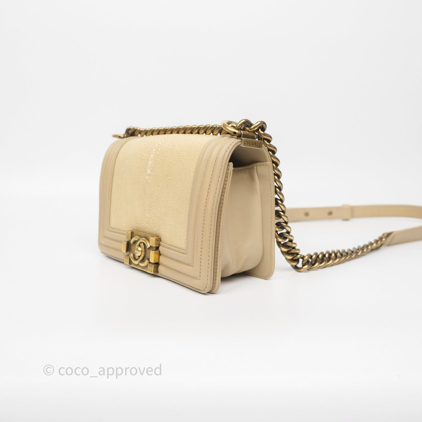 Chanel Small Boy Stingray Beige Antique Gold Hardware