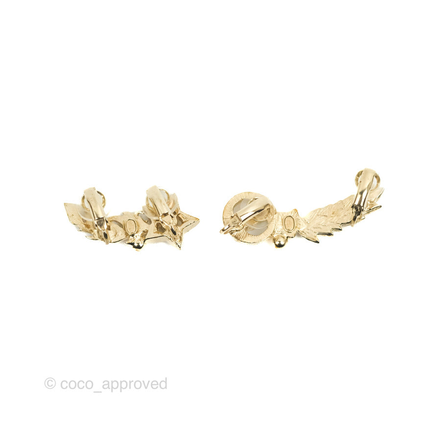 Chanel Resin Crystal Pearl Feather Star CC Clip On Earrings Gold 19K