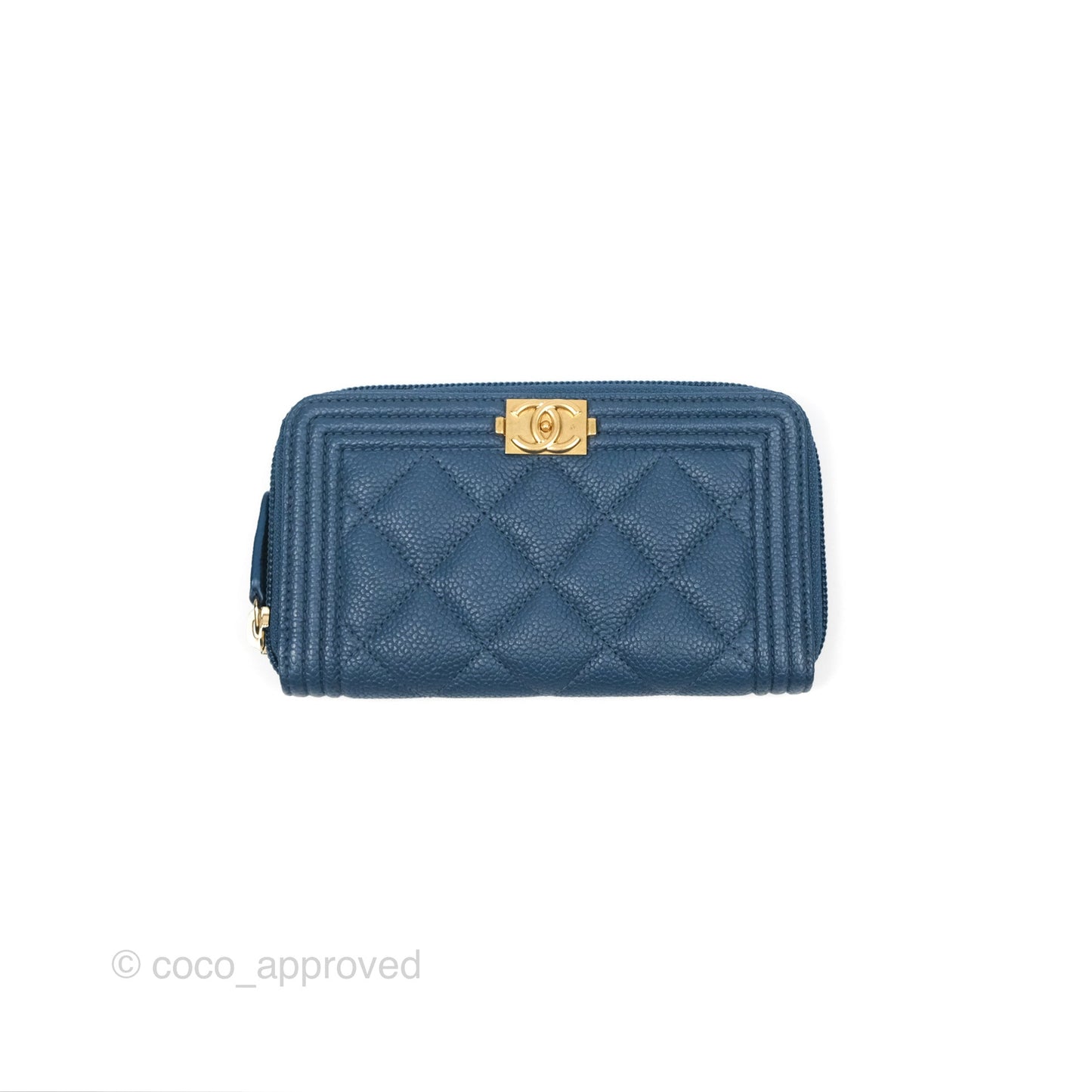 Chanel Quilted Boy Zip Card Holder Blue Caviar Aged Gold Hardware