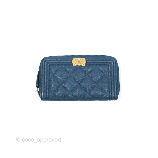 Chanel Quilted Boy Zip Card Holder Blue Caviar Aged Gold Hardware