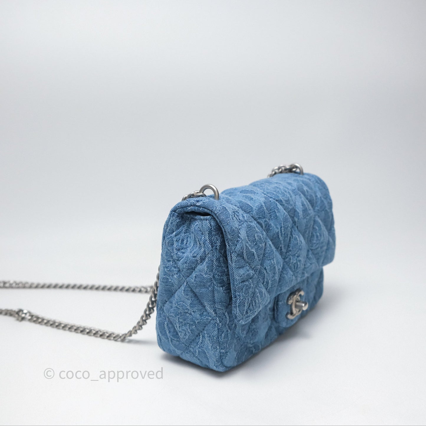 Chanel Mini Flap Bag Heart Adjustable Chain Camellia Denim Aged Gold Hardware