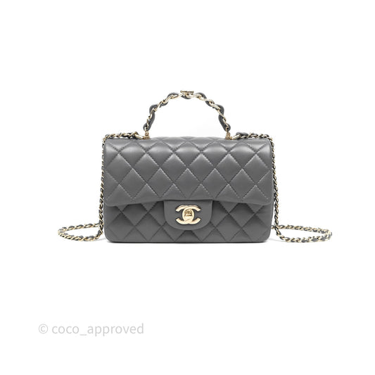 Chanel Chain Top Handle Mini Rectangular Flap Grey Lambskin Gold Hardware