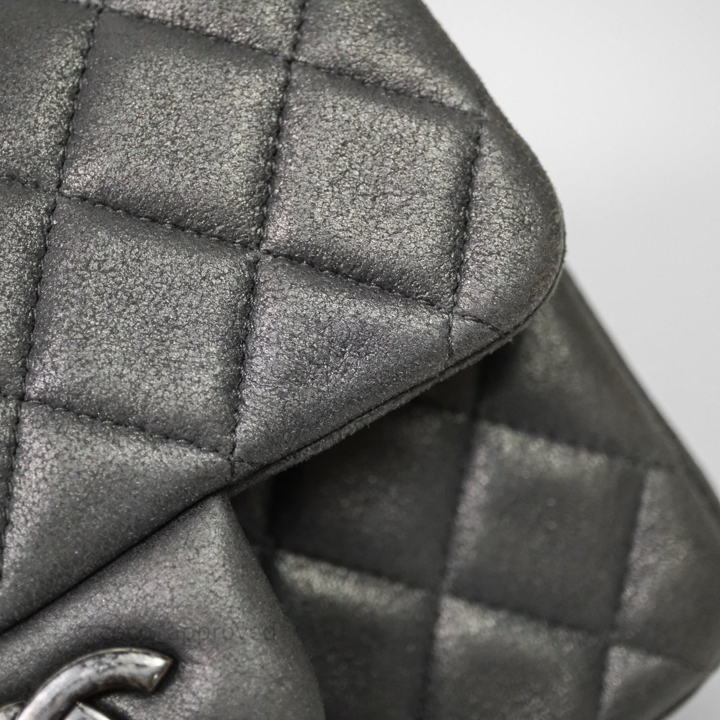 Chanel Mini Square Iridescent Grey Suede Gun Metal Hardware