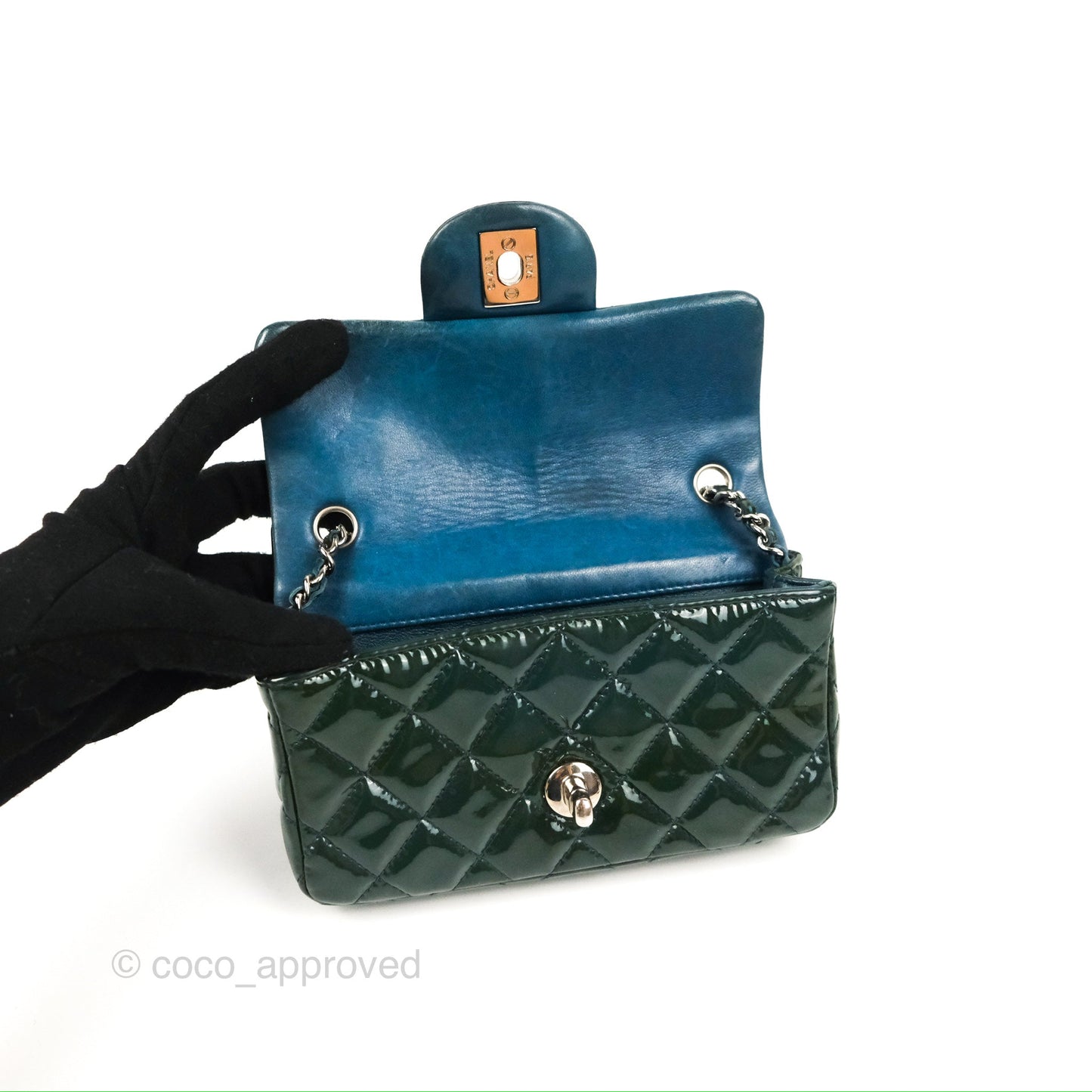 Chanel Quilted Extra Mini Rectangular Flap Teal Patent Silver Hardware