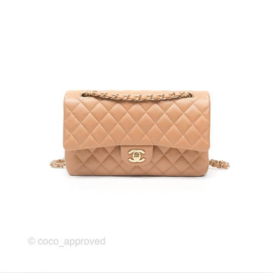 Chanel Classic M/L Medium Flap Quilted Dark Beige Caviar Gold Hardware 18S