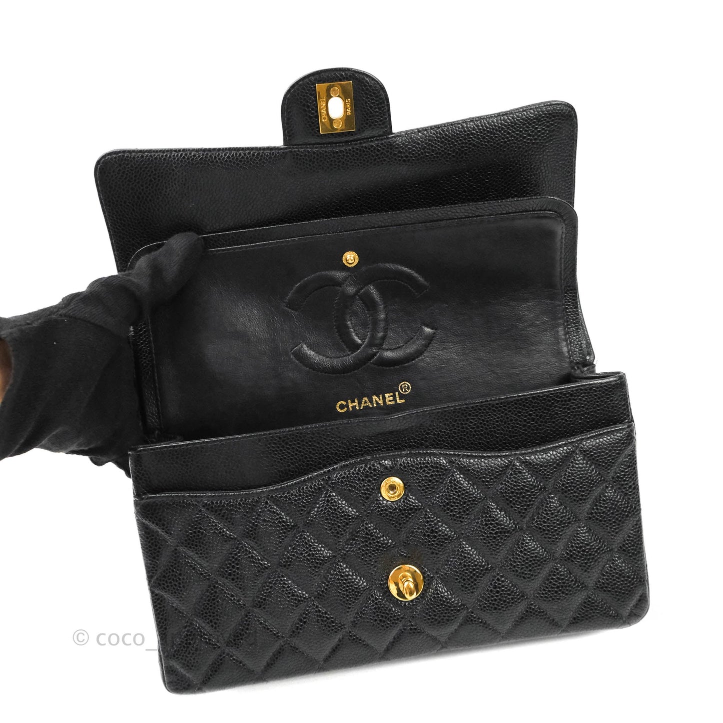 Chanel Vintage Quilted M/L Medium Double Flap Black Caviar 24K Gold Hardware