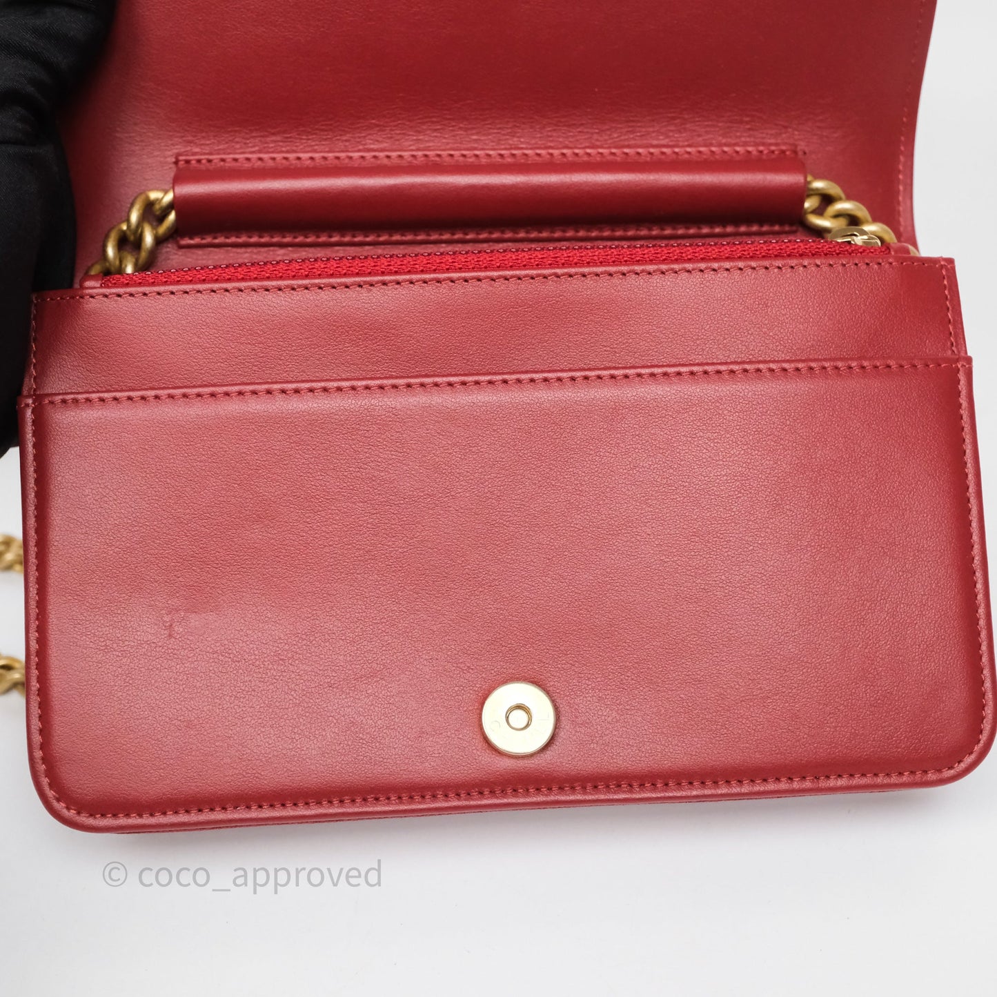 Chanel Boy Wallet on Chain WOC Red Caviar Aged Gold Hardware