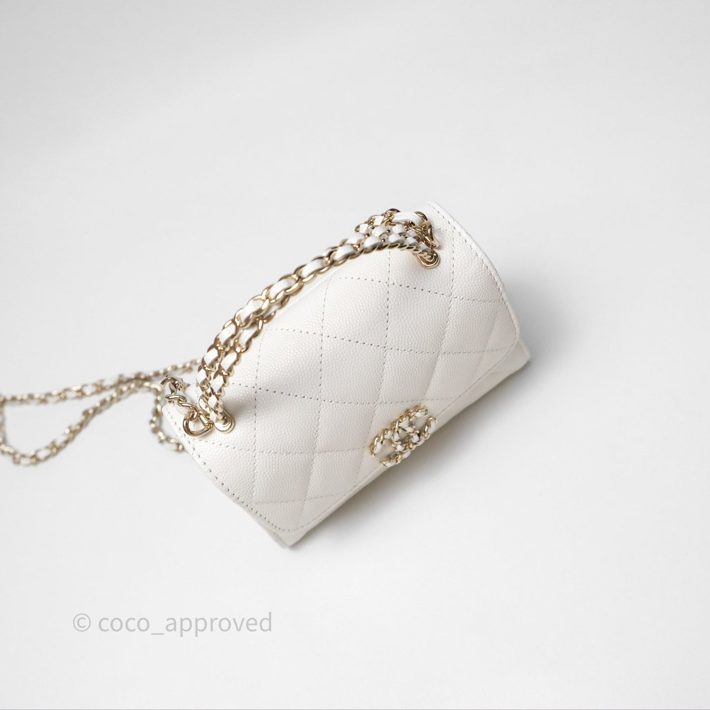 Chanel Small Top Handle Clutch with Chain White Caviar Light Gold Hardware 23P